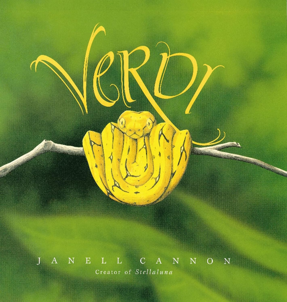 Verdi by Janell Cannon book, yellow ball python on green background